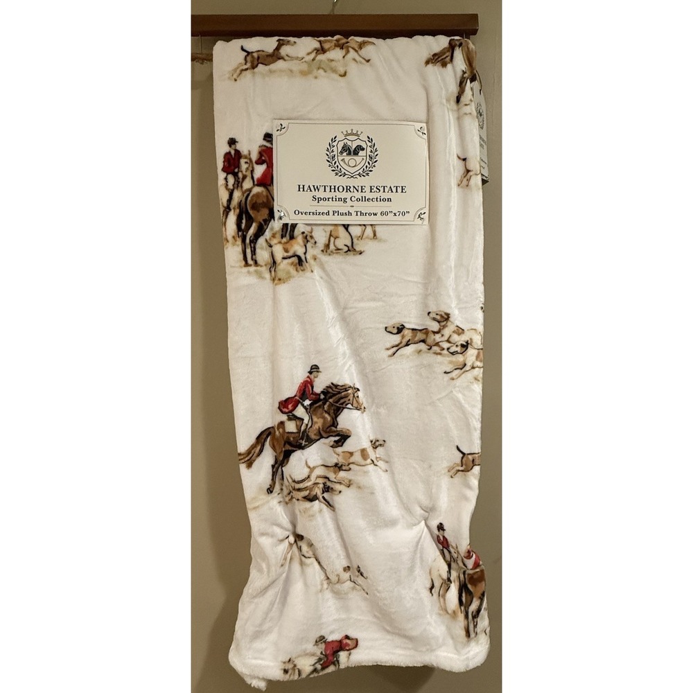 HAWTHORNE ESTATE Equestrian Horses Fox Hunt Dogs 60x70" Plush Throw Blanket NEW